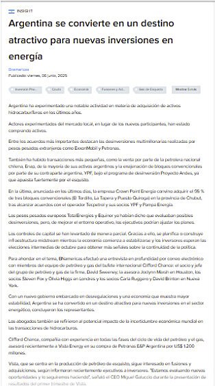 Argentina se convierte en un destino atractivo para nuevas inversiones en energa